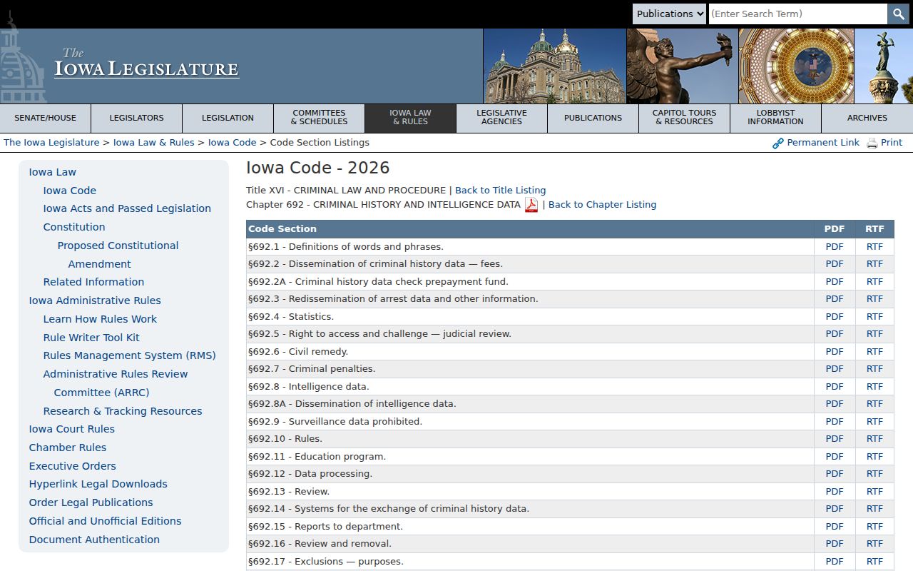 Iowa criminal history law governing Adams County arrest record dissemination